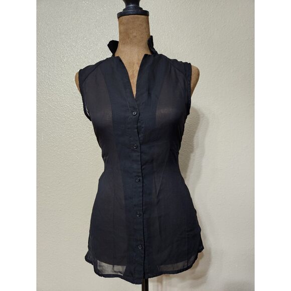 H&M Women’s Black Sheer Button Down Blouse Sleeveless High Low Hem Size S - Picture 1 of 2